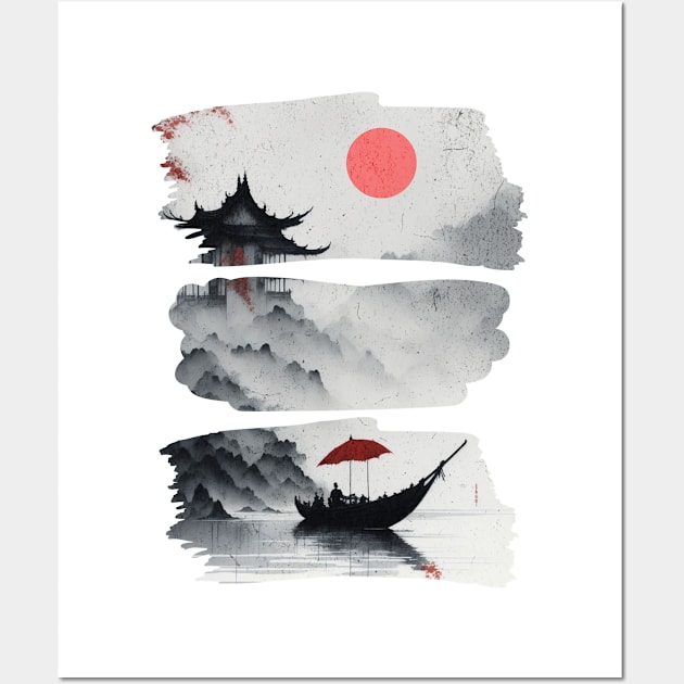 Boat and Red Sun Wall Art by InktuitionCo